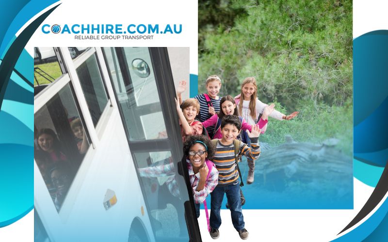 children excitedly boarding a coach in trekking attire, school trip, June 2024, Australia